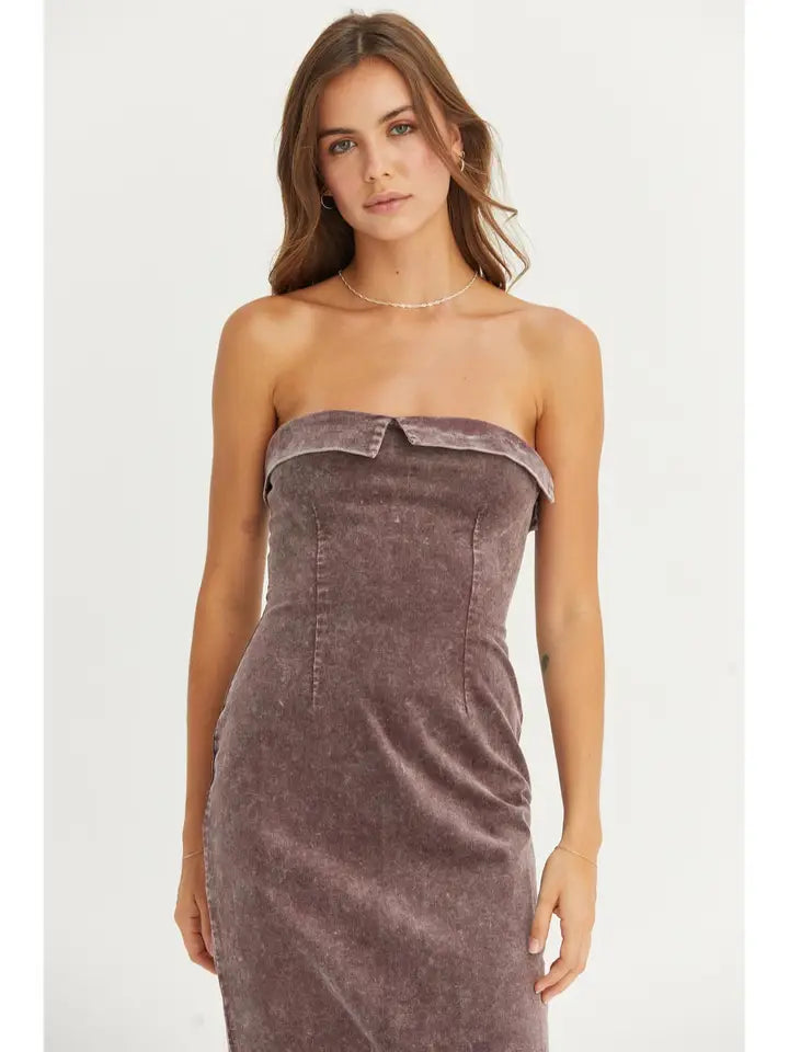 Caddy Strapless Body Con Dress. EggPlant