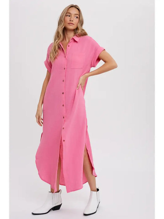 Pink Scottie Maxi Shirt Dress