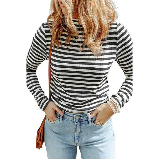 Black and White Striped Slim Fit Long Sleeve Knit Sweater