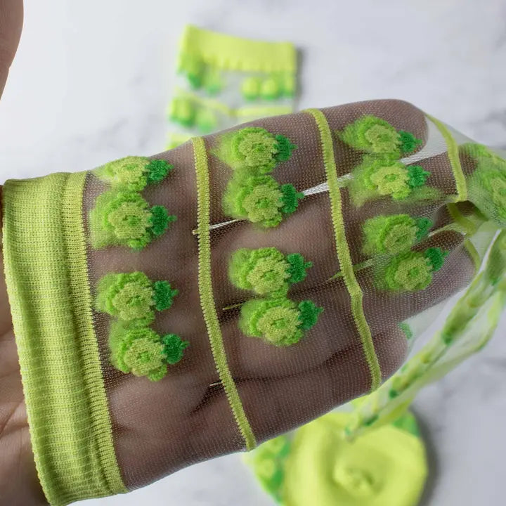 Green Stripped Mesh Floral Socks