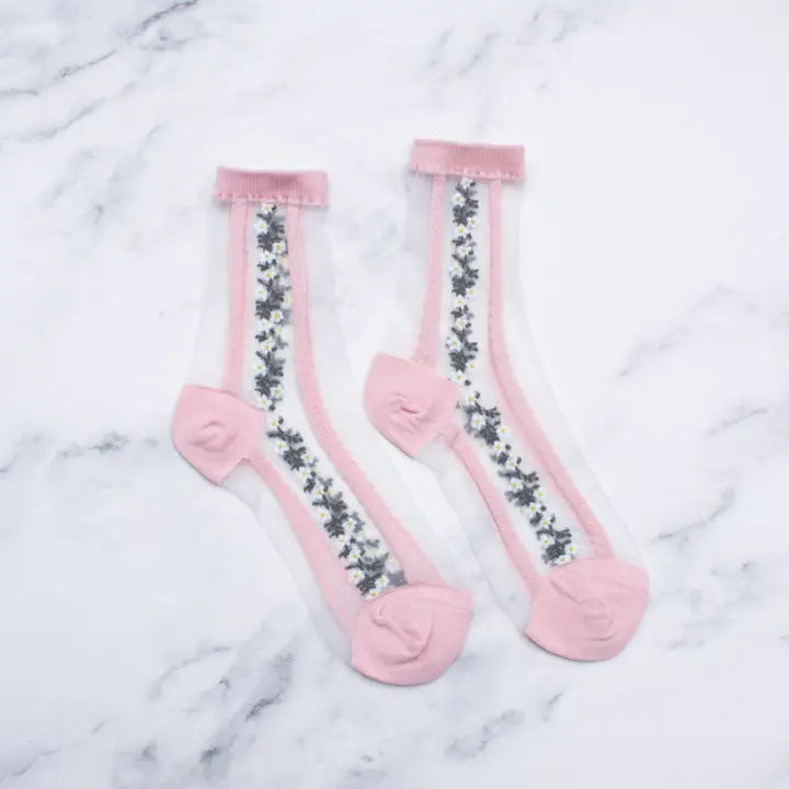 Pinkie White Mesh Floral Socks