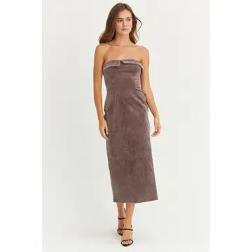 Caddy Strapless Body Con Dress. EggPlant