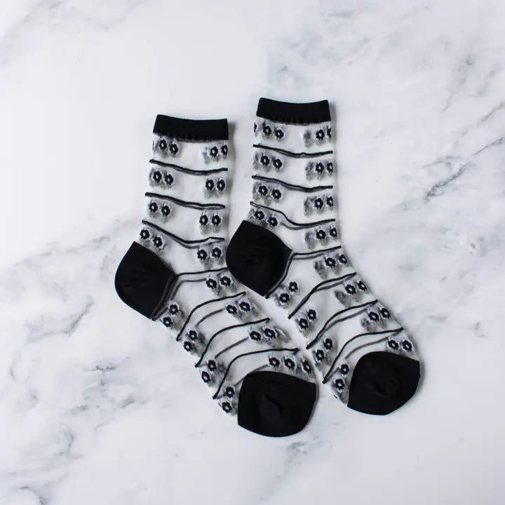 Black Stripped Mesh Floral Socks