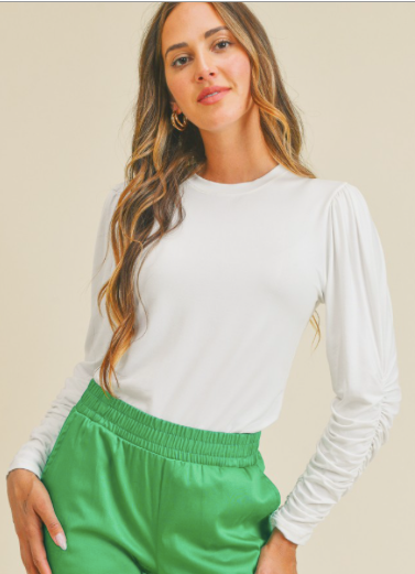 Rouched Long Sleeve Cammie top White